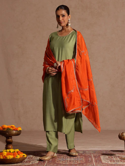 Saheli Women's Sage Green Silk Blend Embellished Straight Kurta Set