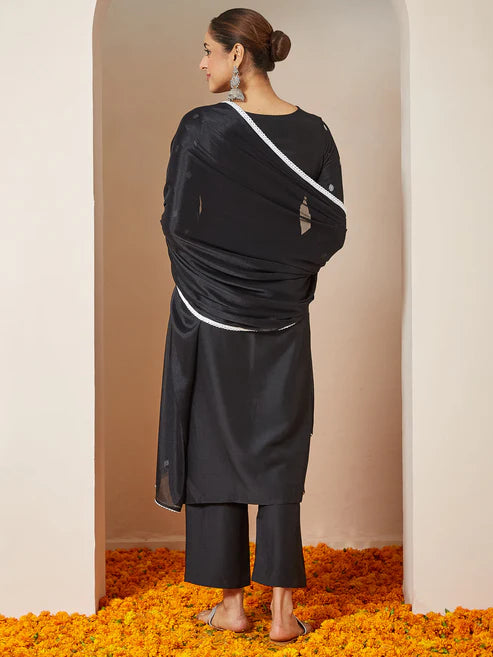 Saheli Women's Black Silk Blend Embellished Straight Kurta Set