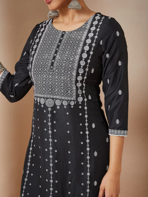 Saheli Women's Black Silk Blend Embellished Straight Kurta Set