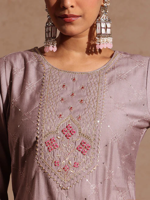 Saheli Women's Brown Silk Blend Embellished Straight Kurta Set