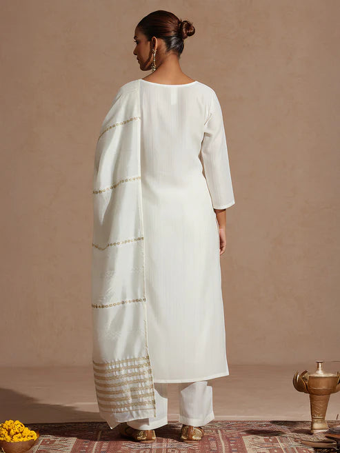 Saheli Women's Off White Silk Blend Embellished Zari Embroidered Straight Kurta Set