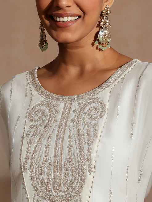 Saheli Women's Off White Silk Blend Embellished Zari Embroidered Straight Kurta Set