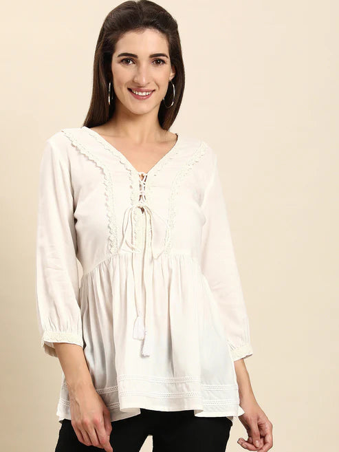 Saheli White Rayon Solid Flared Top
