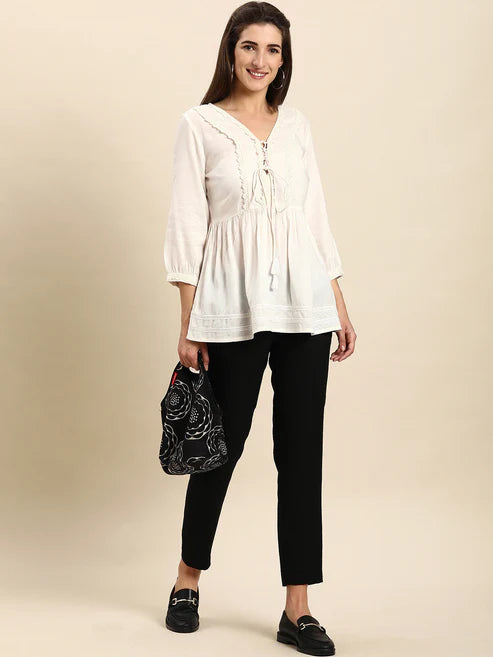 Saheli White Rayon Solid Flared Top