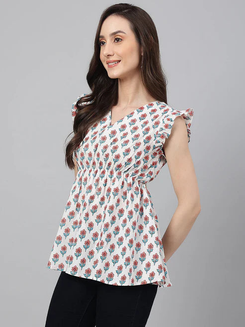 Saheli White Cotton Floral Print Flared Top