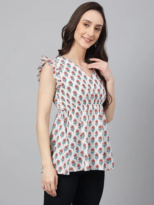 Saheli White Cotton Floral Print Flared Top