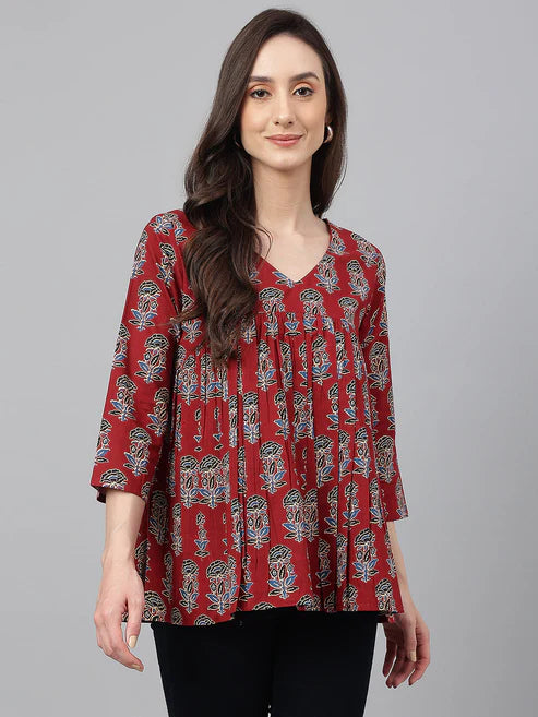 Saheli Maroon Cotton Floral Block Print Flared Top
