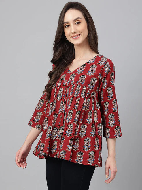 Saheli Maroon Cotton Floral Block Print Flared Top