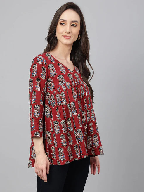 Saheli Maroon Cotton Floral Block Print Flared Top