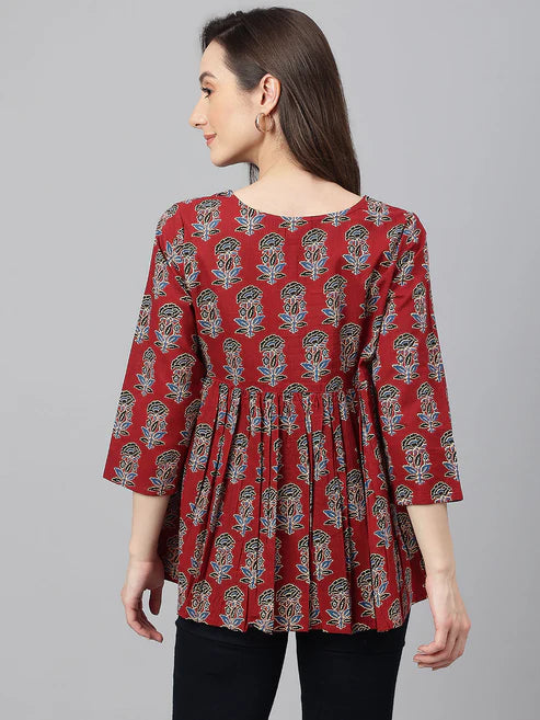 Saheli Maroon Cotton Floral Block Print Flared Top