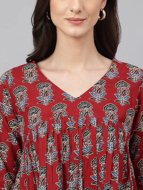 Saheli Maroon Cotton Floral Block Print Flared Top