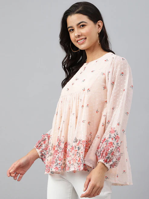 Saheli Peach Georgette Floral Print Flared Top