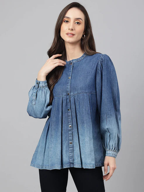 Saheli Blue Denim Faded Flared Top