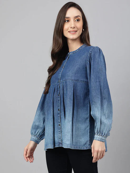 Saheli Blue Denim Faded Flared Top