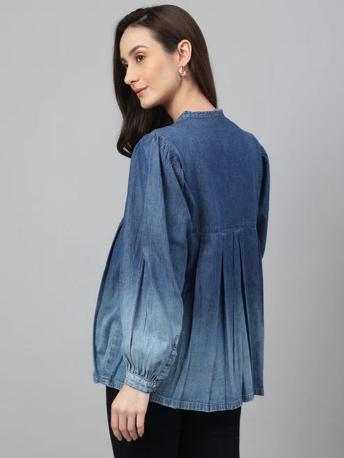 Saheli Blue Denim Faded Flared Top