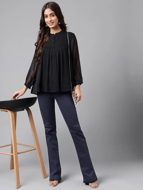Saheli Black Dobby Chiffon Solid Empire Top