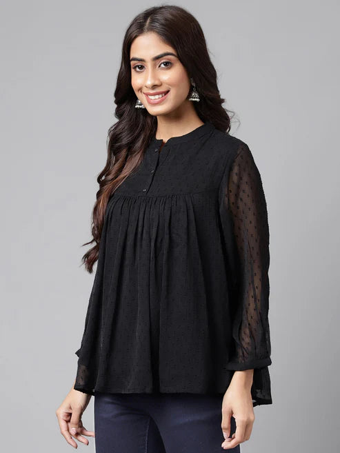 Saheli Black Dobby Chiffon Solid Empire Top