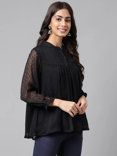 Saheli Black Dobby Chiffon Solid Empire Top