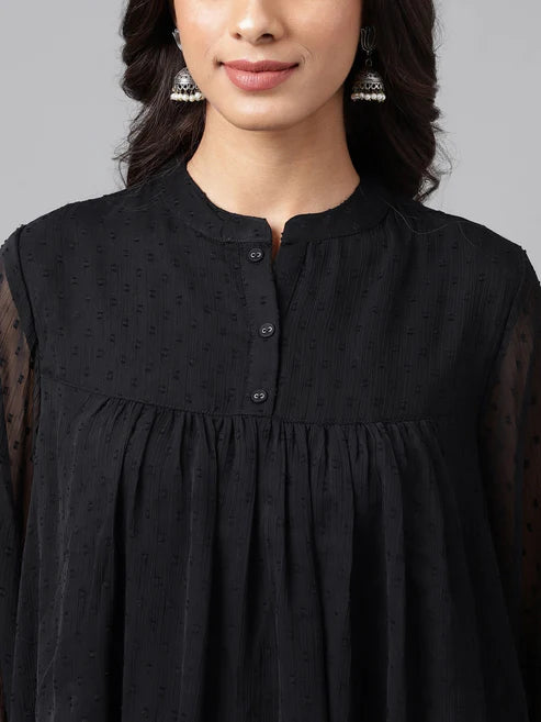 Saheli Black Dobby Chiffon Solid Empire Top