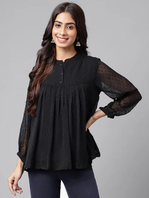 Saheli Black Dobby Chiffon Solid Empire Top