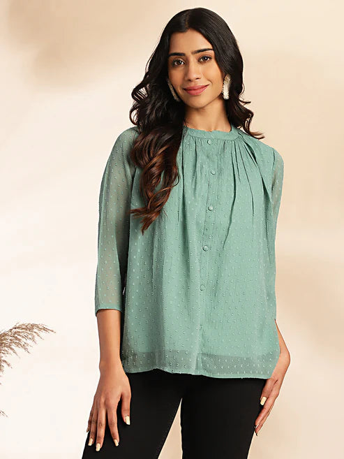 Saheli Sage Dobby Chiffon Woven Design Regular Top