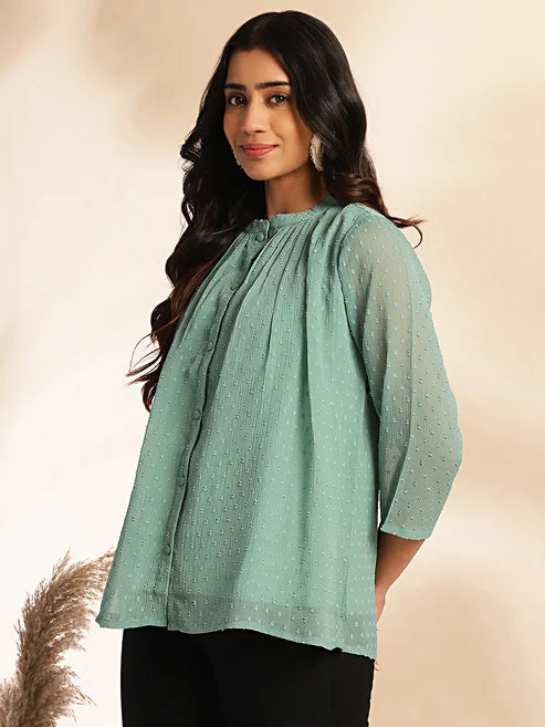 Saheli Sage Dobby Chiffon Woven Design Regular Top