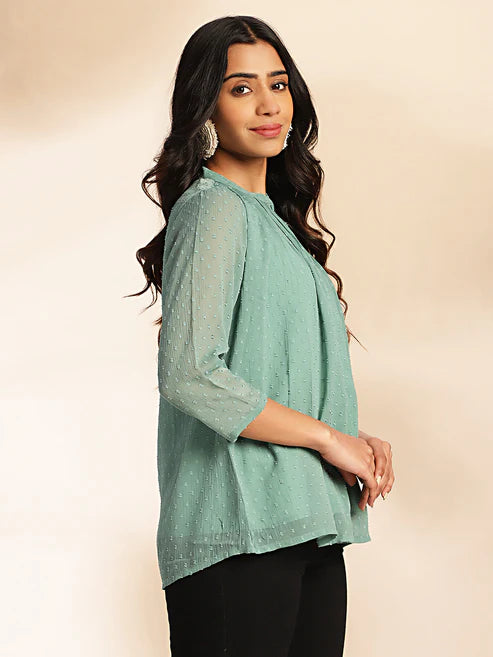 Saheli Sage Dobby Chiffon Woven Design Regular Top
