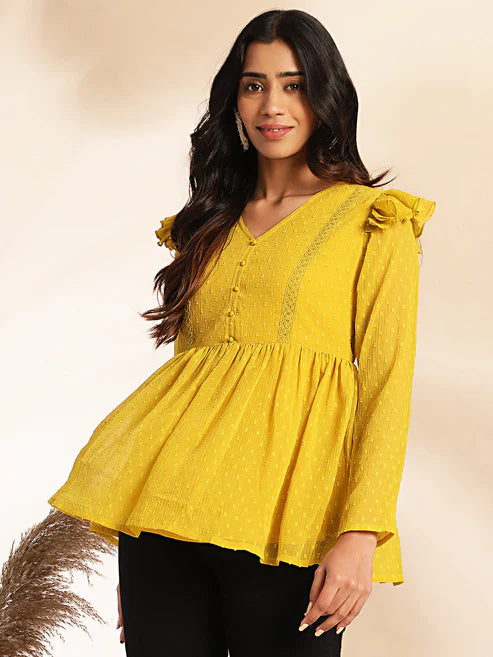 Saheli Mustard Dobby Chiffon Peplum Top