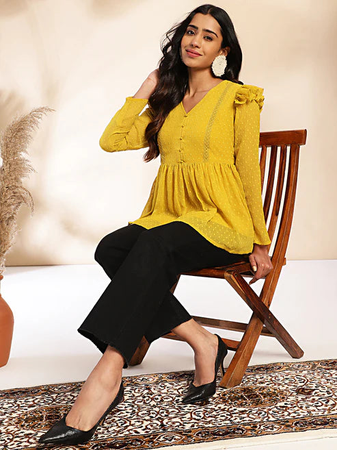 Saheli Mustard Dobby Chiffon Peplum Top