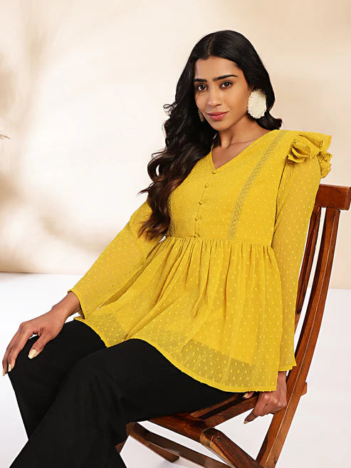 Saheli Mustard Dobby Chiffon Peplum Top
