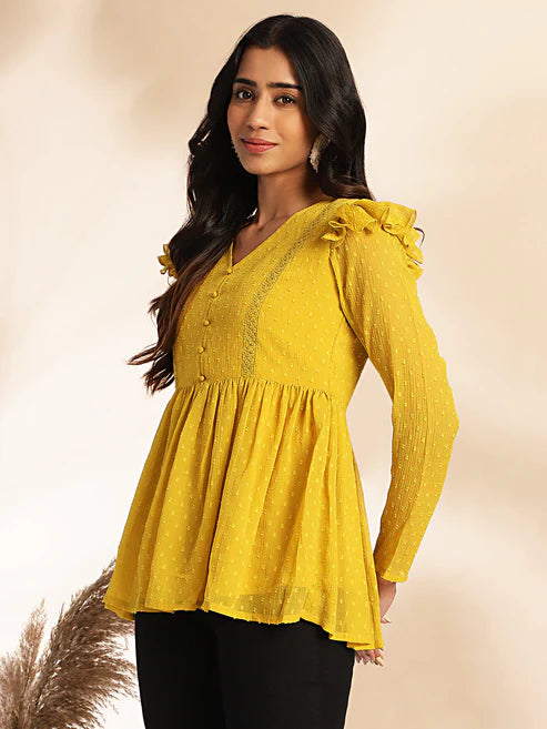 Saheli Mustard Dobby Chiffon Peplum Top