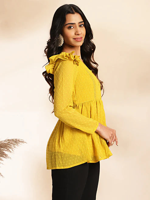 Saheli Mustard Dobby Chiffon Peplum Top