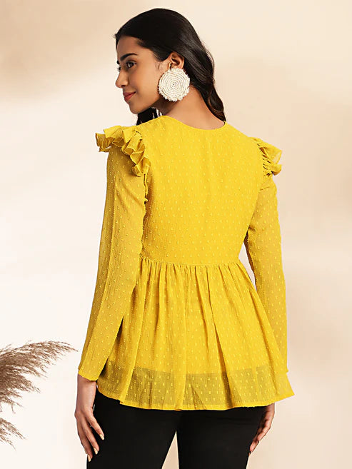 Saheli Mustard Dobby Chiffon Peplum Top