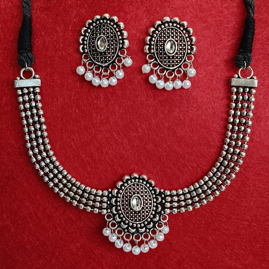 Saheli Silver Oxidised Plated Kundan Studded Pearl Choker Necklace Set