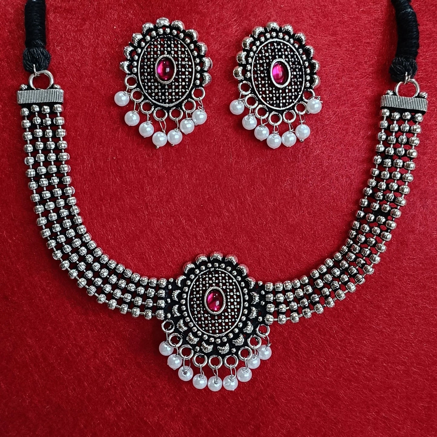 Saheli Silver Oxidised Plated Kundan Studded Pearl Choker Necklace Set