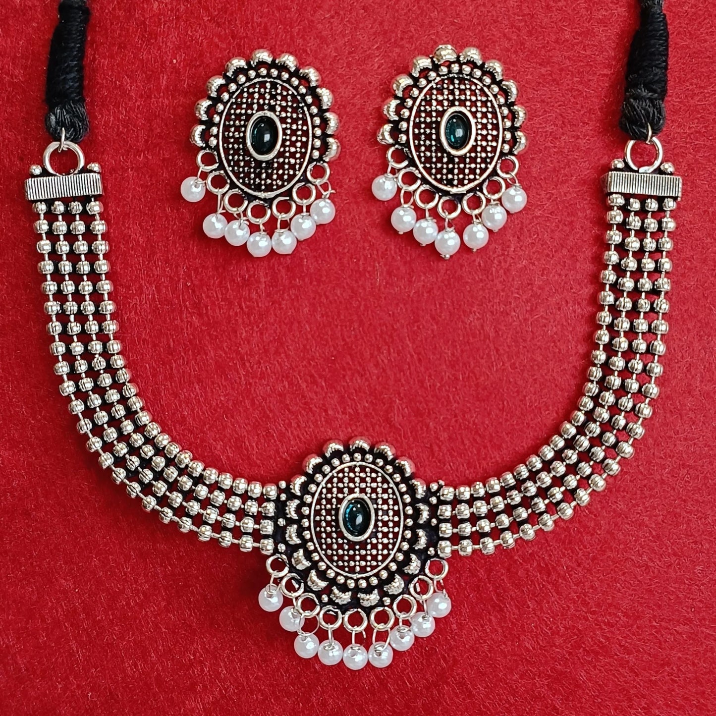 Saheli Silver Oxidised Plated Kundan Studded Pearl Choker Necklace Set