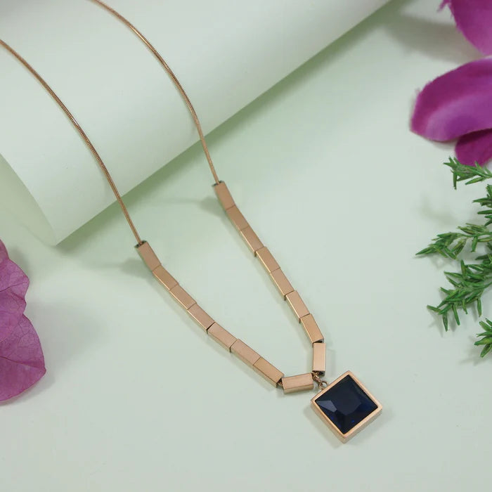 Saheli Stainless Steel Square Blue Pendent Necklace