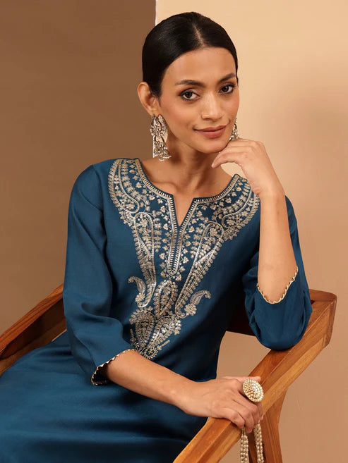 Saheli Women's Teal Blue Silk Blend Zari Yoke Embroidered Straight Kurta